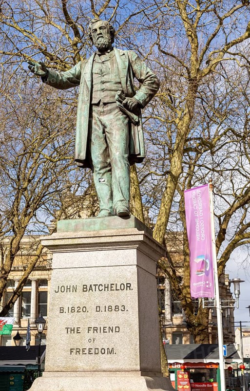 John Batchelor 1820-1883 statue, Victorian businessman and politician, the Friend of Freedom, Cardiff, South Wales, UK