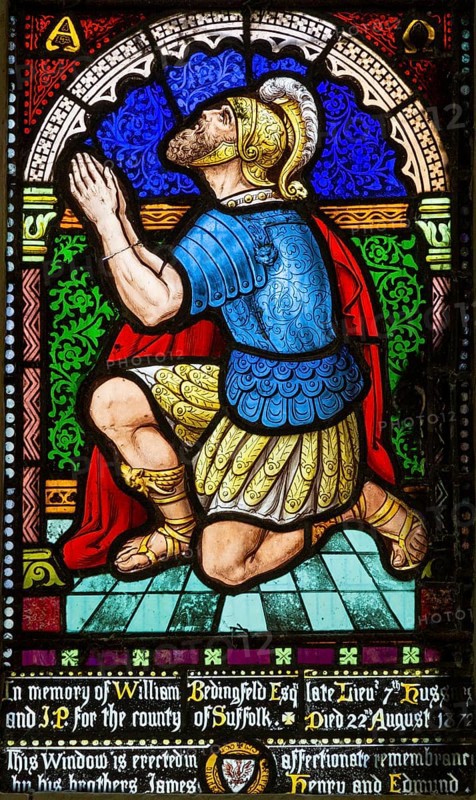 Stained glass window Bedingfield church, Suffolk, England, UK Good Centurion c 1872 poss William Miller