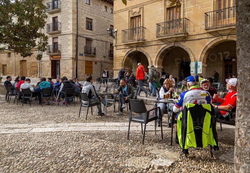 People sitting outside cafe Plaza Mayor, Briones, La Rioja Alta, Spain, Europe