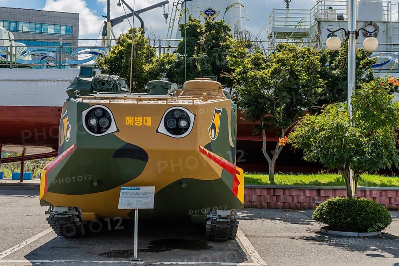 Front view of LVTP-7 amphibious assault vehicle on display at seaside park in Seosan, South Korea, Asia