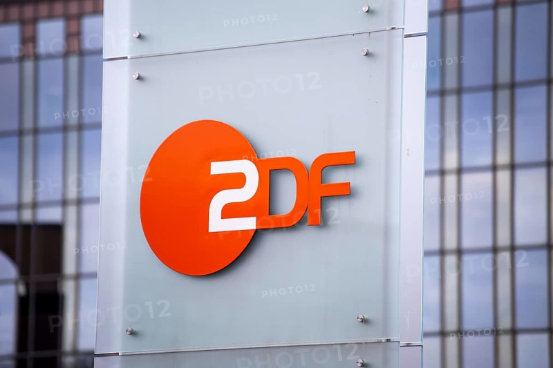 Close-up of the ZDF logo at broadcasting centre 2 in Mainz