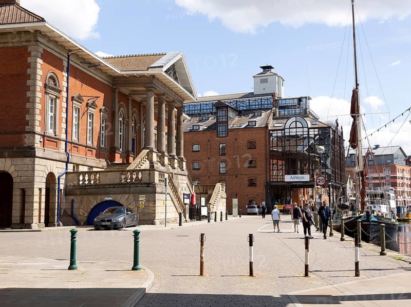 Historic and modern buildings waterfront at the Wet Dock, Ipswich, Suffolk, England, UK, left is the Old Custom House of Ipswich Port Authority c 1845
