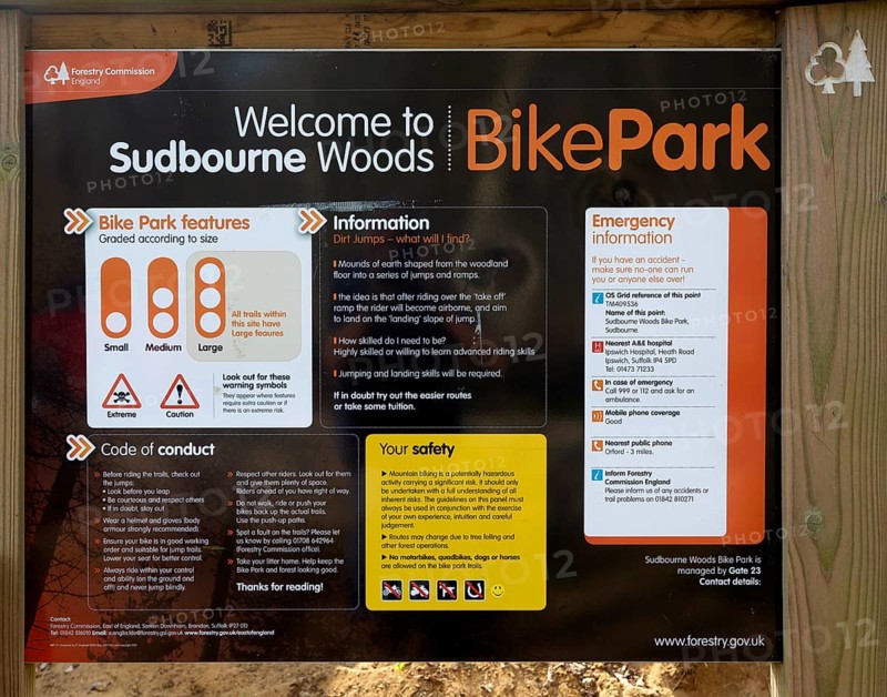 Sign at BikePark, Sudbourne Woods, Forestry Commission Bike Park, Suffolk, England, UK