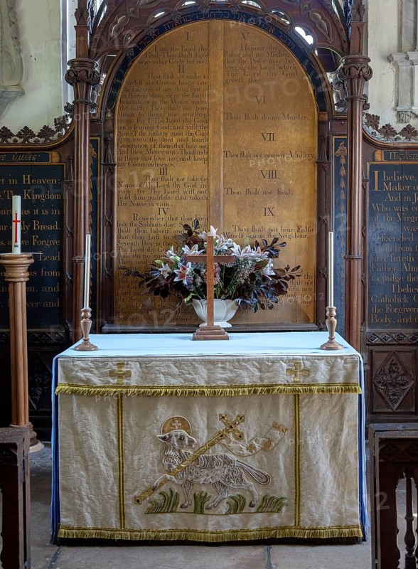 Historic interior of Saint John the Baptist church, Mildenhall, Wiltshire, England, UK