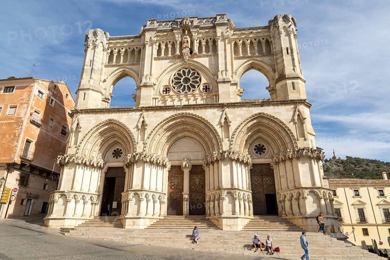 Frontage of cathedral church building, Cuenca, Castille La Mancha, Spain, Gothic architecture, Europe