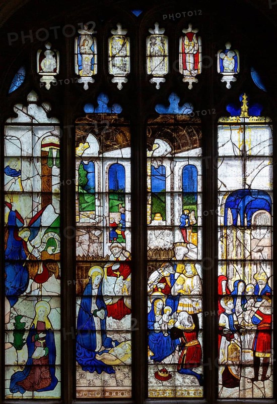 Sixteenth century stained glass windows inside church of Saint Mary, Fairford, Gloucestershire, England, UK, window 3