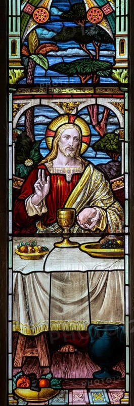 Stained glass window Kington St Michael church, Wiltshire, England, UK supper at Emmaus c 1894