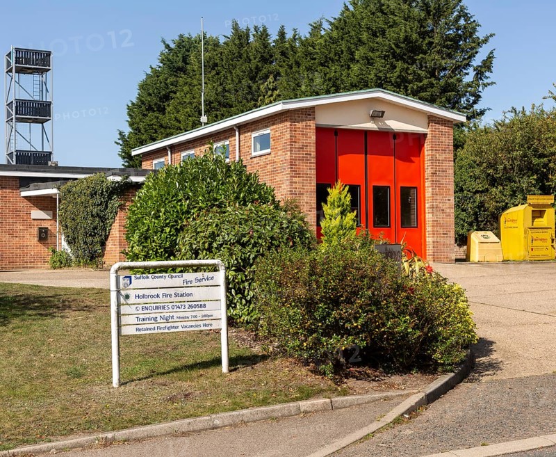 Rural fire station building at village of Holbrook, serving Shotley peninsula, Suffolk, England, UK