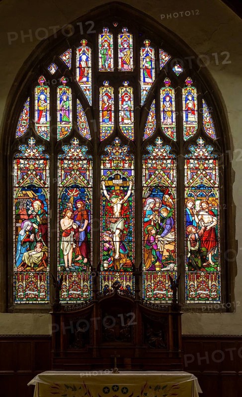 Stained glass window East Bergholt church, Suffolk, England, UK, Crucifixion, Doubting Thomas, Nativity, Baptism of Jesus Christ, He is Risen c 1865 by Lavers, Barraud and Westlake