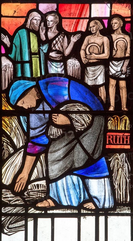 Ruth harvesting grain, stained glass window by Margaret Edith Aldrich Rope (1891-1988), Church of Saint Margaret, Leiston, Suffolk, England, UK