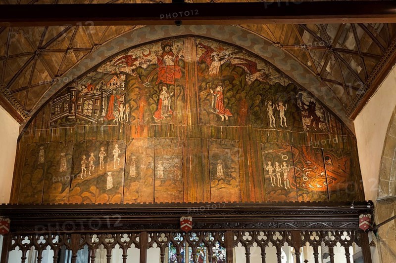 Doom painting on wooden panels at Saint James the Great church, Dauntsey, Wiltshire, England, UK