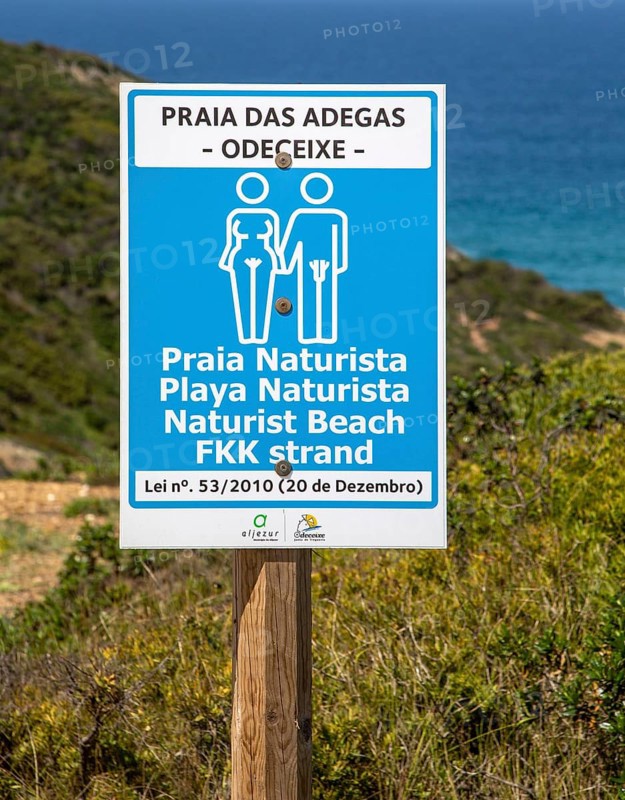 Praia das Adegas naturist beach sign, Odeceixe, Algarve, Portugal, Europe
