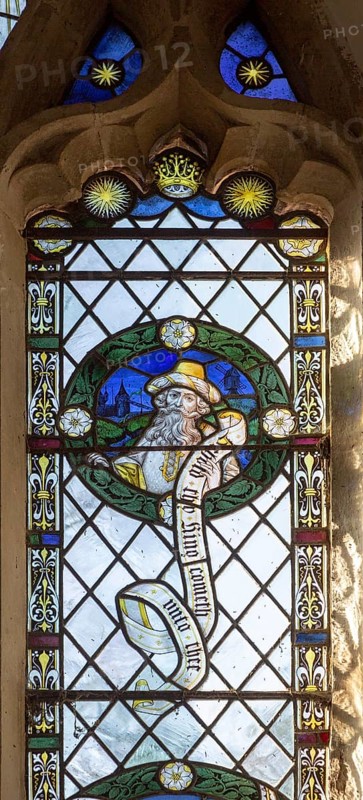 Stained glass window of Prophet Micah in church of Saint Margaret, South Elmham, Suffolk, England, UK c 1917