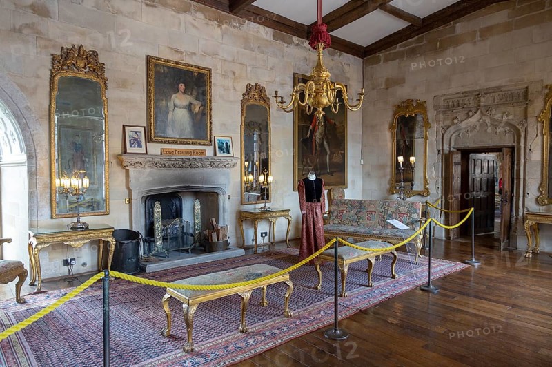 Furniture and paintings inside the Long Drawing Room, Berkeley castle, Gloucestershire, England, UK