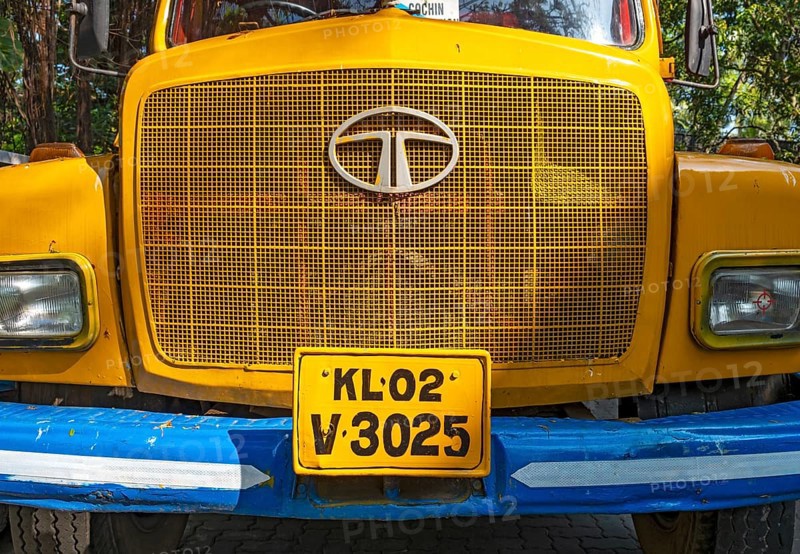 A detailed view of the front hood of colorful old Tata truck, Fort Kochi, Cochin, Kerala, India, Asia