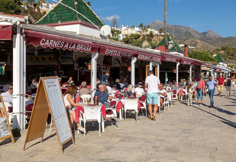 Seafood fish and paella beach restaurant, Playa de Burriana, Nerja, Andalusia, Spain, Europe