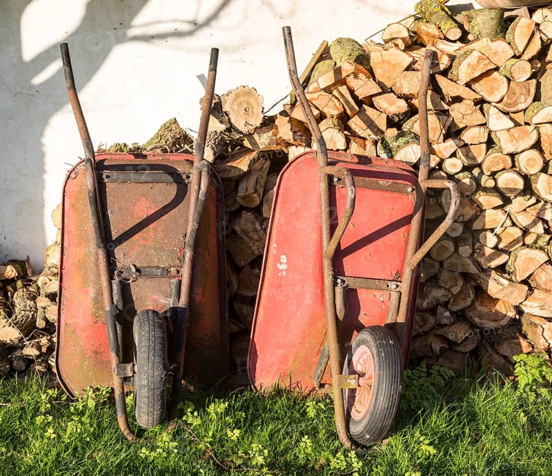 Two old red metal wheelbarrows leaning against pile wood logs in garden, Cherhill, Wiltshire, England, UK
