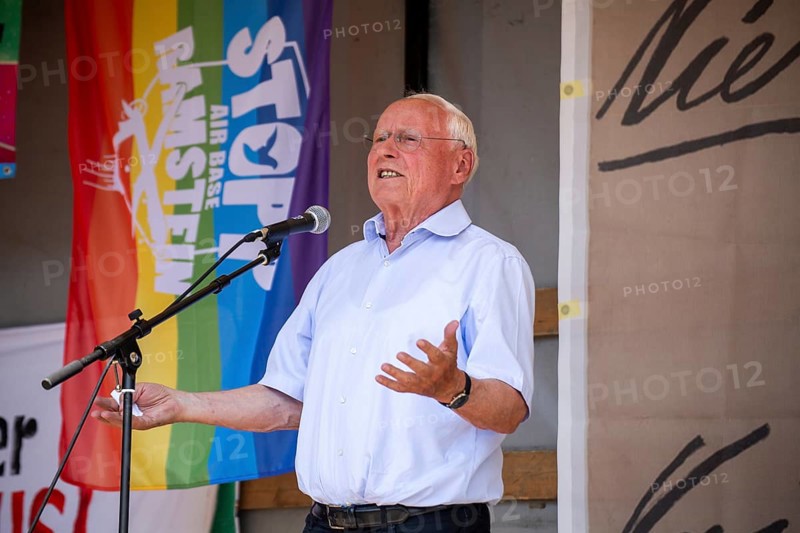 Oskar Lafontaine speaks at the peace demonstration in front of Ramstein Air Base against war and armament and in favour of diplomacy and negotiations