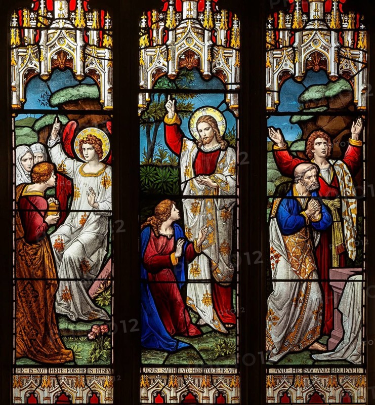 Stained glass window c 1879 Heaton, Butler and Bayne, Long Melford church, Suffolk, England, UK