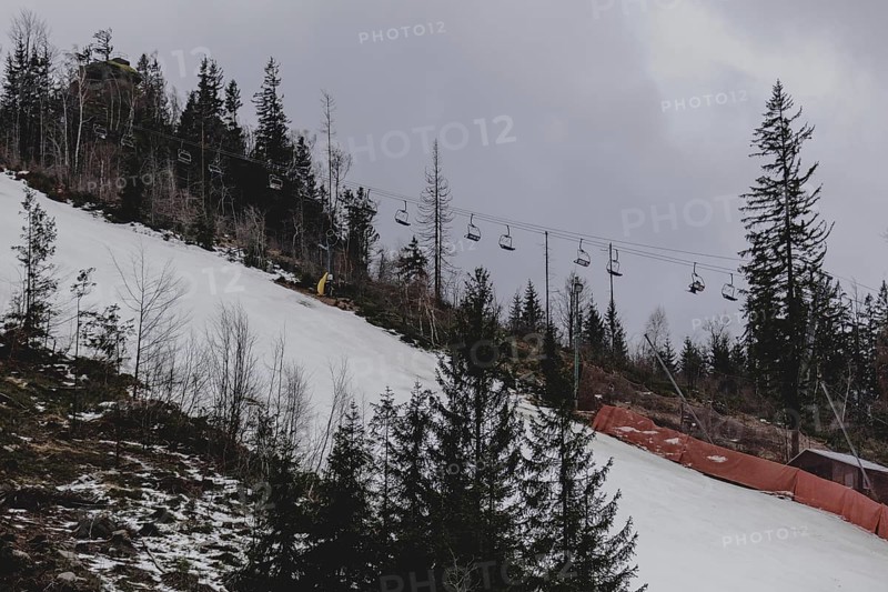 A chairlift stands out between individual trees in a thinned-out forest area, taken on a ski slope in the Jizera Mountains ski area near Albrechtice v Jizerskych Horach, 05.02.2024. The Czech low mountain range with its ski area is affected by increasingly warmer and shorter winters