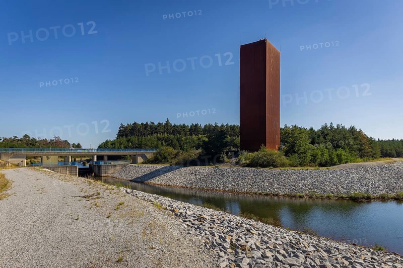 The 30 metre high landmark of the Lusatian Lakeland, the so-called Rusty Nail, was built at the mouth of Lake Sedlitz. It is a lookout tower made of 111 tonnes of Corten steel, with the base of a right-angled triangle with cathetus lengths of approximately twelve and eight metres. 162 steps lead to the viewing platform on the tower, Senftenberg, Brandenburg, Germany, Europe