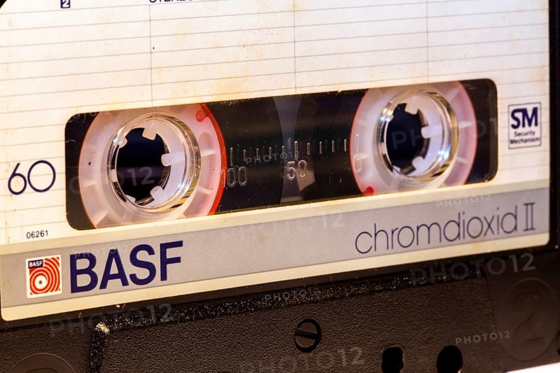 Close-up of a BASF audio cassette from the 1980s