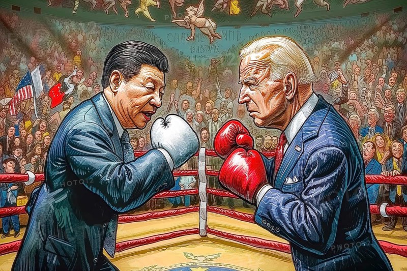 Two political leaders, Xi Jinping and Joe Biden, in a caricatured boxing match with a tense atmosphere and enthusiastic audience, symbolising the cultural, ideological and economic struggle between China and the USA, AI generated, AI generated