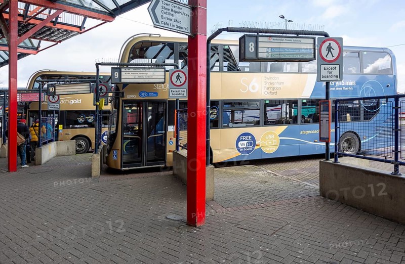 Buses at bus station in town centre, Swindon, Wiltshire, England, UK