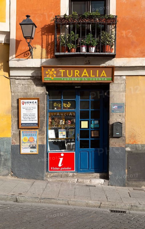 Small shop Turalia, offering tourist guides in historic part of Cuenca, Castille La Mancha, Spain, Europe