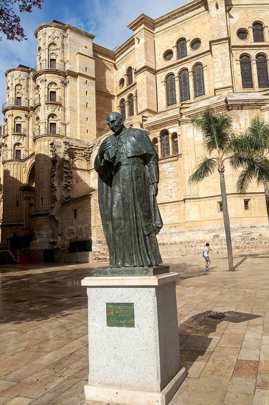 Statue sculpture of cardinal Angel Herrera Oria (1986-1968) by Jose Palma Burgos 1969, Malaga, Andalusia, Spain, Europe