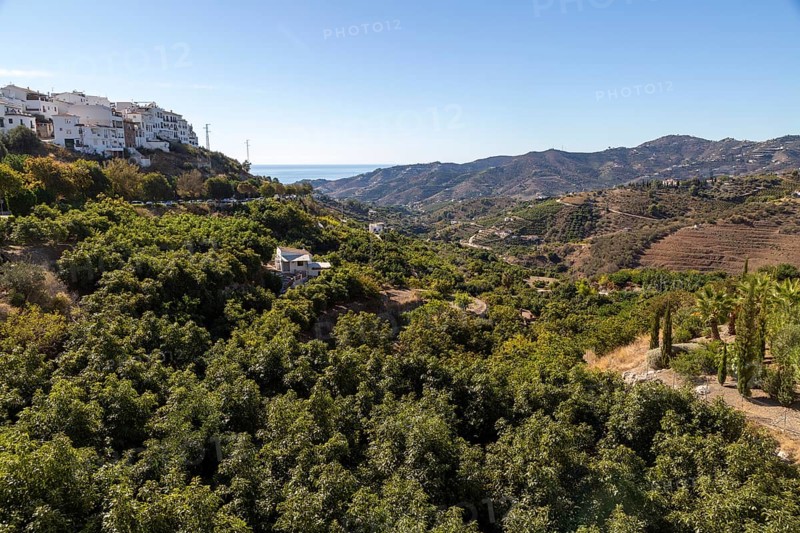 Landscape view of scenery hillsides with farms and farmhouses, Frigiliana, Axarquia, Andalusia, Spain, Europe