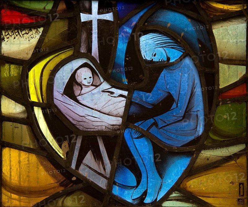 Little Glemham church, Suffolk, England, UK stained glass window detail Four Ages of Man by Alfred Fisher, installed 1970