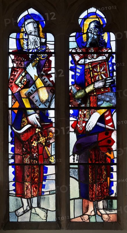 Modern stained glass window in church of Saints Peter and Paul, Marden, Wiltshire, England, UK by Jasper and Molly Kettlewell 1958