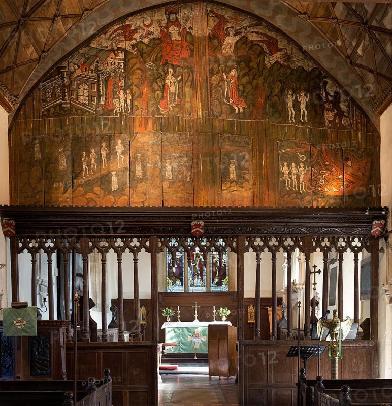 Doom painting on wooden panels at Saint James the Great church, Dauntsey, Wiltshire, England, UK