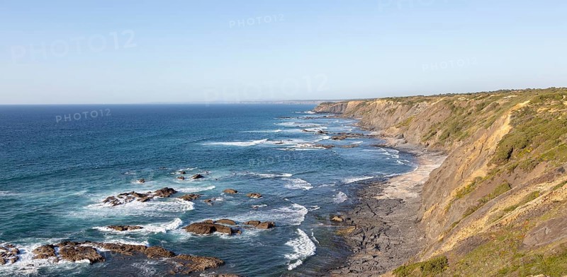 Rocky rugged coastal landscape on the Rota Vicentina Fisherman's Trail long distance footpath route, near Bunheira, Aljezur, Algarve, Portugal, Southern Europe, Europe