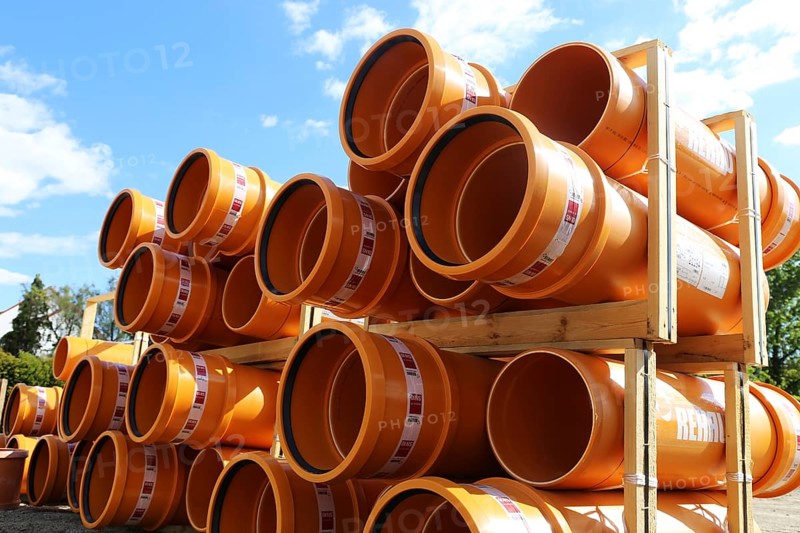 Stack of KG pipes on a construction site (Mutterstadt, Germany, 15/05/2019), Europe