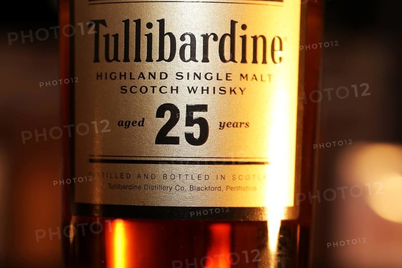 Close-up of a bottle of Tullibardine Single Malt 25 Years whiskey