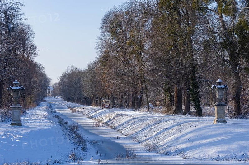 Carriage ride along the canal between the hunting lodge and the Fasanenschloesschen, Moritzburg, Saxony, Germany, Europe