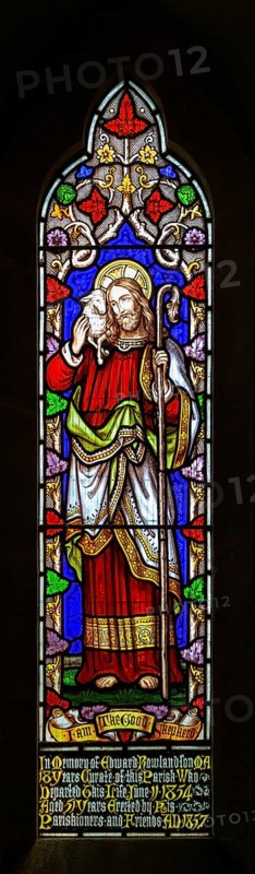 Stained glass window the Good Shepherd church of Saint Mary, Hemington, Somerset, England, UK