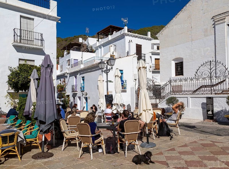 People and cafes in church square plaza, Plaza de la Iglesia, Frigiliana, Axarquia, Andalusia, Spain, Europe