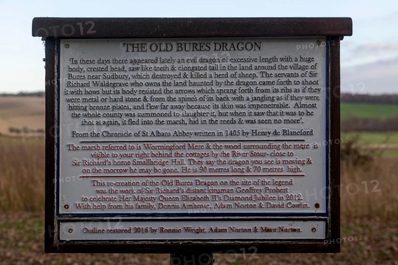 The Old Bures Dragon information panel notice, Bures, Suffolk, England, UK