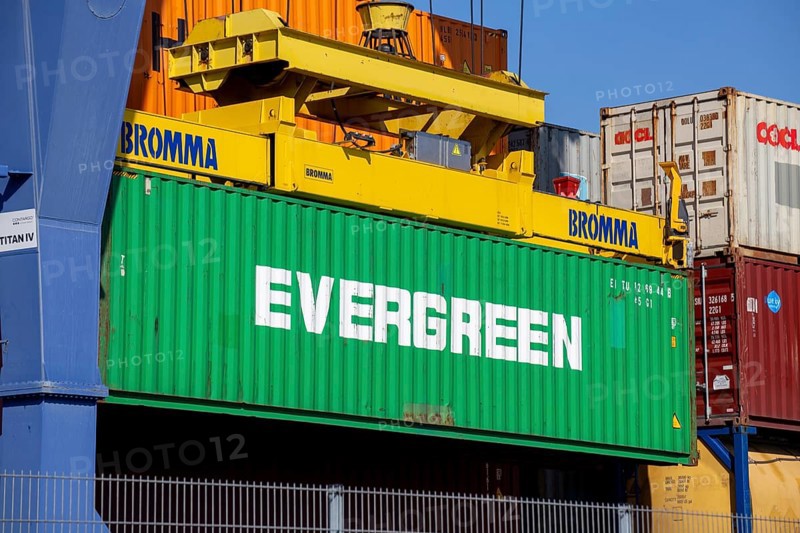An Evergreen Line container is loaded in the port of Mannheim, Germany. Supply bottlenecks and a sharp rise in container prices are currently affecting global trade