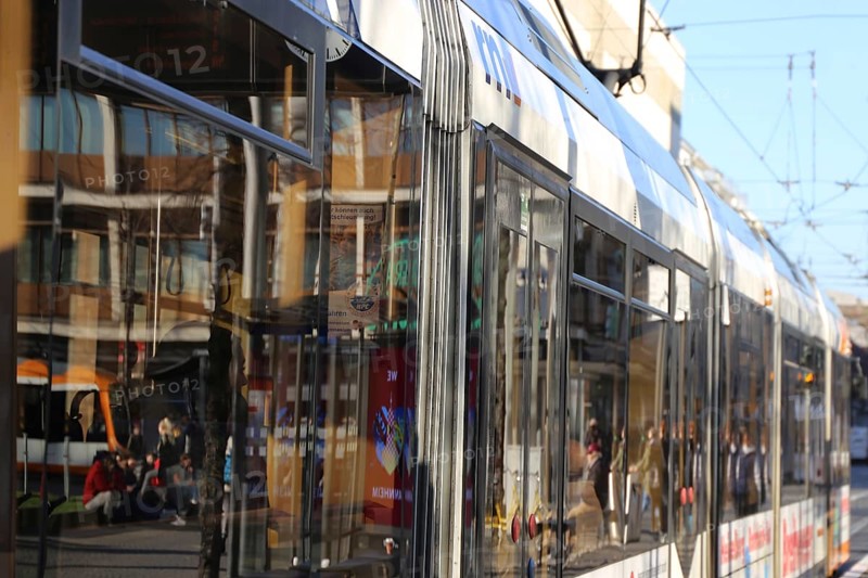 Close-up of a tram at Paradeplatz in Mannheim (Baden-Wuerttemberg)
