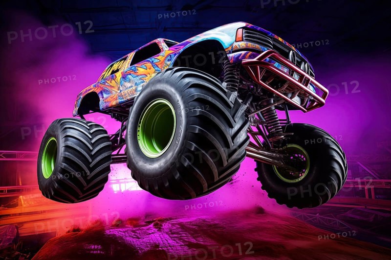 Monster truck with neon lighting, jumping off-road in cloud of dust. Excitement and thrill of an extreme sport, AI generated