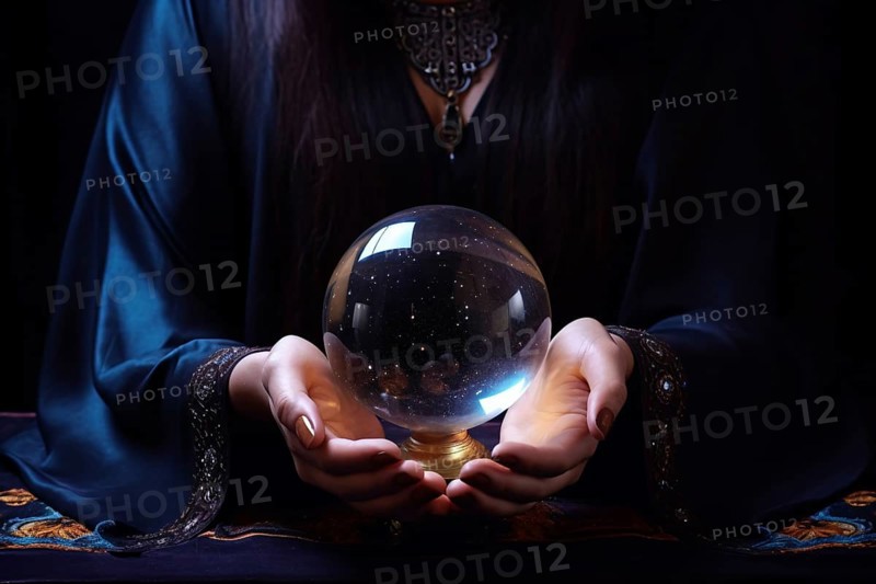 Close up of fortune teller's hand surrounding crystal ball. KI generiert, generiert AI generated
