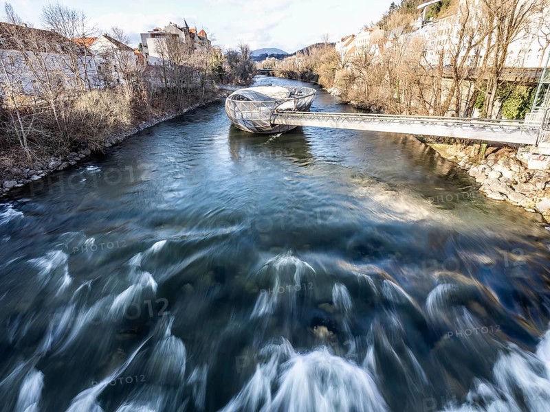 Futuristic Mur Island in the River Mur, artificial island in the river, Graz, Styria, Austria, Europe