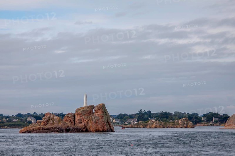 Rock with landmark off the coast of Ile de Brehat, Cotes d'Armor department, Brittany, France, Europe