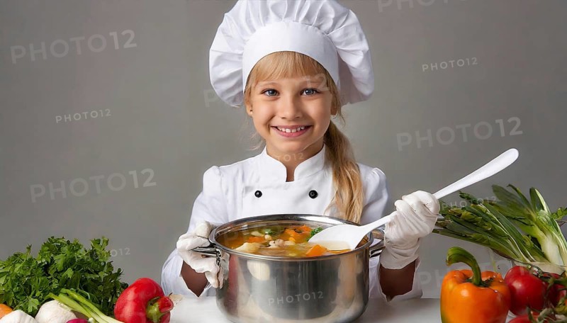 AI generated, human, humans, person, persons, child, children, 8 year old girl cooking a vegetable soup in a white kitchen, chef's hat, smock, cute, cute, cute, beautiful eyes, beautiful teeth, cook, cook, kitchen table, vegetables, onions, garlic