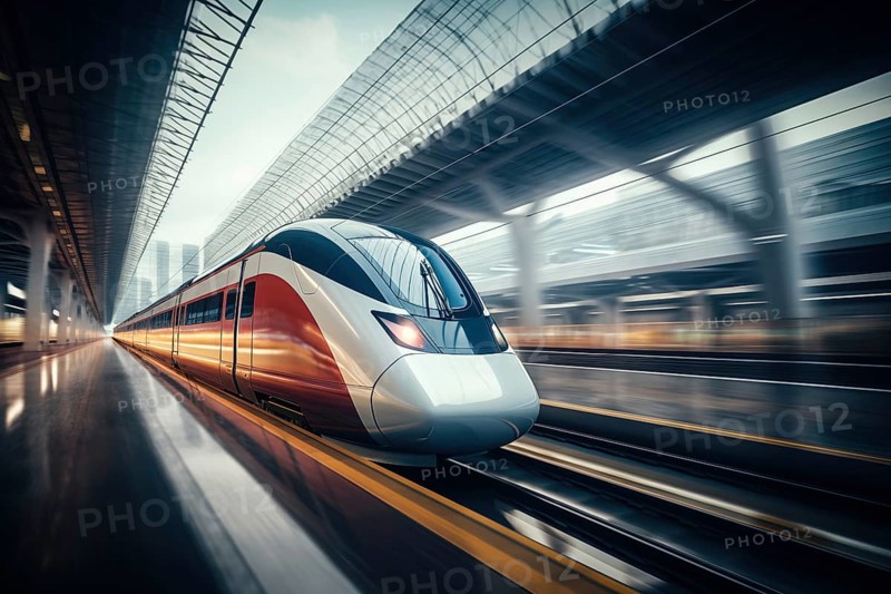 Modern high speed train in a futuristic train station. Modern transportation technology, speed, travel concepts. Railroad with motion blur effect, AI generated