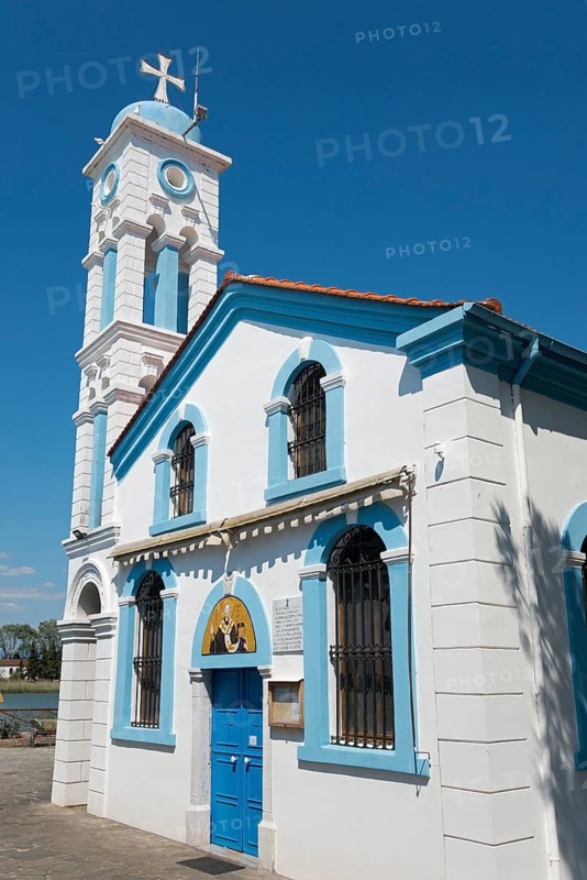 A white church with blue sky and decorative tower, Monastery of St Nicholas, Monastery of Agios Nikolaos, Agiou Nikolaou, Vistonidas Burma Lagoon, Porto Lagos, Xanthi, Eastern Macedonia and Thrace, Greece, Europe